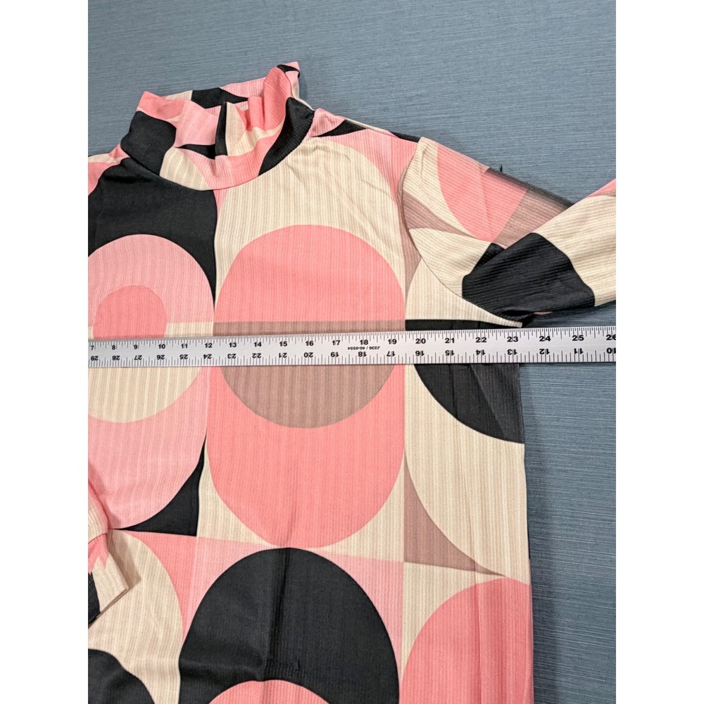 Pink Geometric Circle Print Mock Neck Ribbed Long Sleeve Top Large Retro Mod - Picture 4 of 6